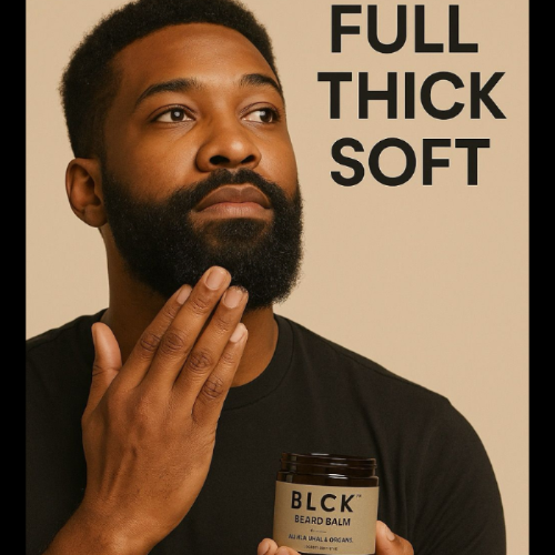 Man holding a jar of 'BLCK Beard Balm' with text 'FULL THICK SOFT' on a beige background