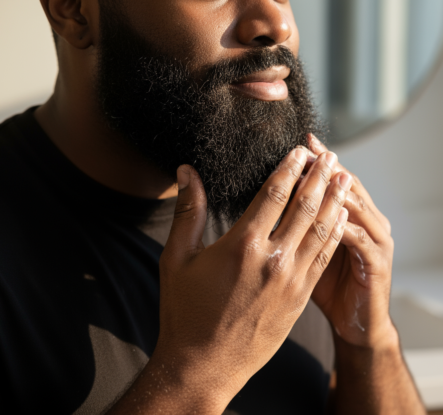 black man rubbing balm on his thick well groomed beard